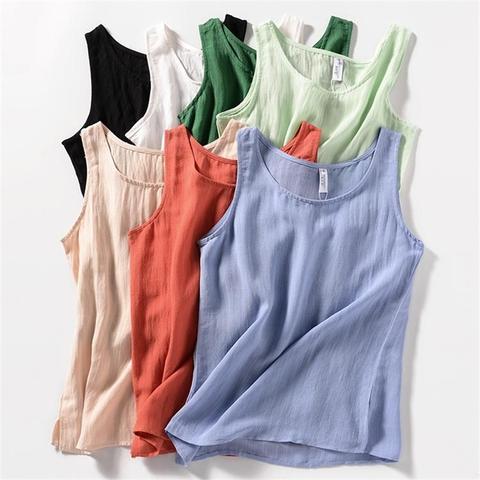 Tops holgados de lino y algodón para mujer, con cuello redondo Camiseta sin mangas, Tops de playa sólidos, camiseta informal, novedad de verano ► Foto 1/6