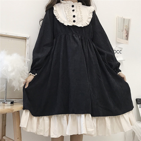 Vestidos de estilo japonés para mujer, ropa de cuello redondo de cintura alta, adelgazante, Color contrastante, con volantes, adorable Vestido de Lolita, Kawaii, Otoño, 2022 ► Foto 1/6