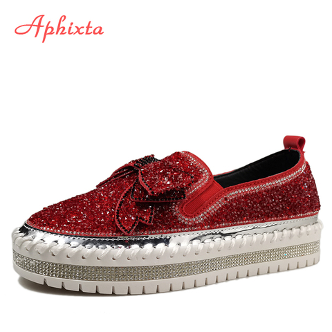 Aphixta-mocasines planos de cuero con plataforma para mujer, zapatos informales con lazo de Lentejuelas de cristal, color rojo vino, talla grande 42 43 ► Foto 1/6