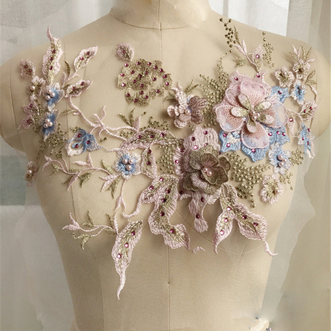 Parche bordado de perlas con cuentas de flores 3D para vestido de boda, ropa, parches para coser, apliques de telas de encaje Floral Diy ► Foto 1/6