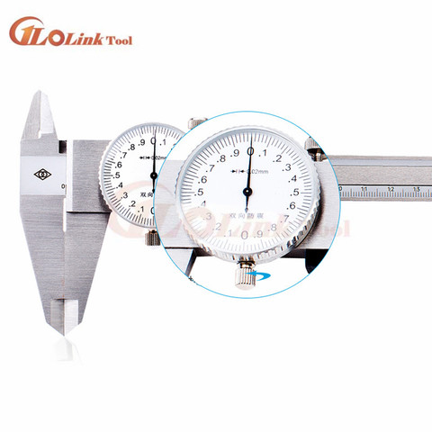 Calibrador vernier de esfera de acero inoxidable, calibre de dial de plástico, doble aguja de alta calidad, 150mm, 0,02mm, 0.001