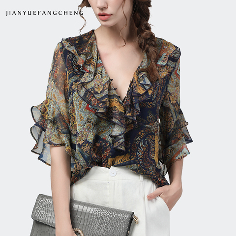 Blusa holgada informal de Chifón con manga media y volantes para verano, camisa con cuello en V para mujer, de talla grande ► Foto 1/5