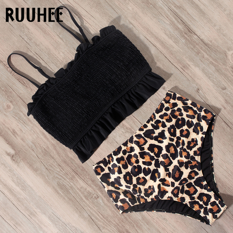 RUUHEE-traje de baño de leopardo para mujer, bañador de cintura alta, Bikini con volantes, conjunto de Bikini estampado, ropa de playa 2022 ► Foto 1/6