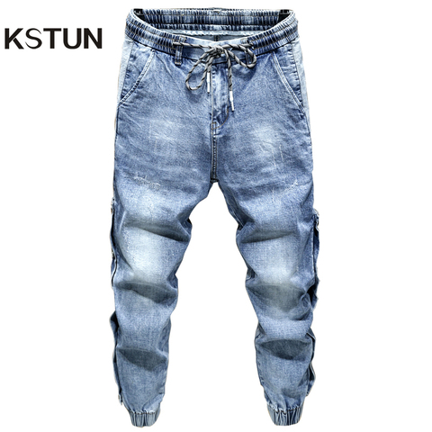 KSTUN-pantalones vaqueros elásticos para hombre, pantalón informal, con remaches laterales, color azul claro, de talla grande 42, 2022 ► Foto 1/6