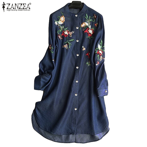 2022 ZANZEA moda Denim camisa azul Vestidos de las mujeres bordado blusa Casual de manga larga Blusas Mujer Botón de talla grande túnica ► Foto 1/5