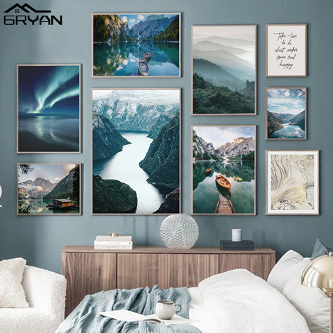 Lienzo con estampado nórdico de Aurora, lago, río, nieve y montaña, pintura escandinava, paisaje de barco, póster, imagen moderna, decoración del hogar ► Foto 1/6