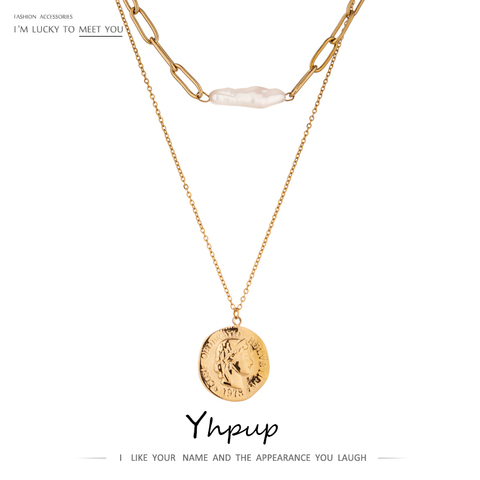 Yhpup nueva cadena de acero inoxidable de moda collar de moneda collar de retrato para las mujeres elegante perla Natural de regalo de la joyería ► Foto 1/6