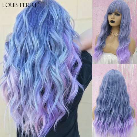 LOUIS FERRE-Peluca de cabello sintético para mujeres negras, cabellera artificial largo ondulado con flequillo, color azul y morado, resistente al calor ► Foto 1/6