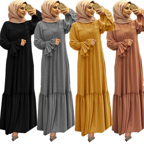 Hijab musulmán mujeres vestido de volante de Color sólido pétalo manga Maxi vestido largo ropa islámica caftán Kimono de gran oscilación vestido Abaya ► Foto 1/6