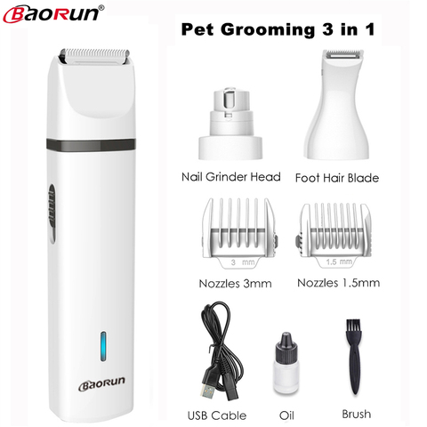 BaoRun 3 en 1 aseo de mascotas de perro gato de pelo pata de uñas de pie set de corte de cabello recargable USB mascotas Clippers ► Foto 1/6