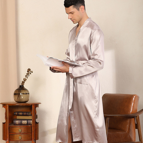 Bata de baño de seda satinada para hombre, ropa de dormir de Color sólido, Kimono informal de alta calidad, pijama, bata para hombre ► Foto 1/6