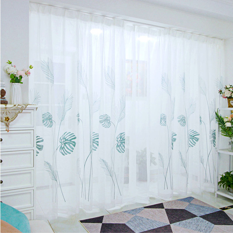 Cortinas para sala de estar, dormitorio, cocina, ventanas, hojas de plátano Bordado de azul, transparente, para niños ► Foto 1/6