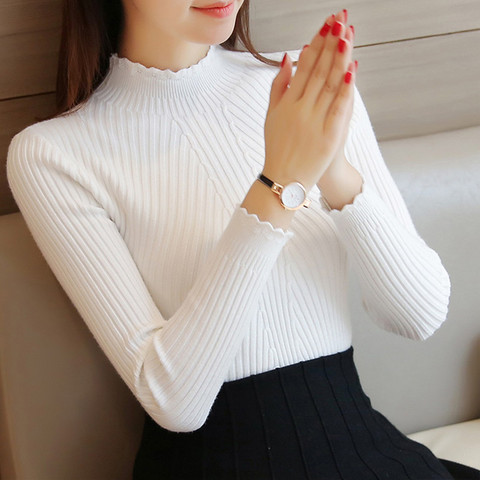 2022 primavera y otoño de las mujeres señoras de manga larga de encaje de cuello alto de punto tirar suéter superior mujer Jersey coreano estirable Casual ► Foto 1/6