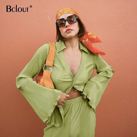 Bclout-traje Vintage verde para mujer, camisa de manga acampanada y pantalones de cintura alta, conjunto de dos piezas, ropa de calle holgada, conjunto de mujer ► Foto 1/6