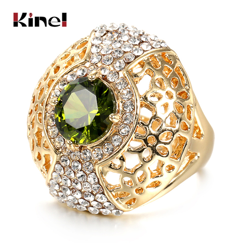 Kinel de lujo-anillos grandes de circonita verde para mujer, anillo de flor de cristal hueco de oro, joyería Vintage de boda, 2022 ► Foto 1/6