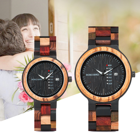 BOBO BIRD P14 relojes de madera para parejas, relojes de pareja para hombres y mujeres, relojes de cuarzo con fecha y semana, coloridos relojes de madera con logo personalizable ► Foto 1/6