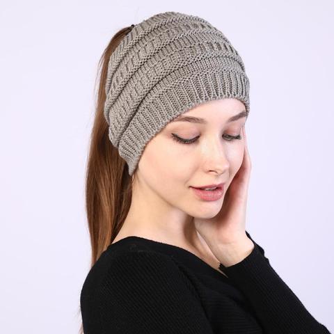 Gorro de cola de caballo para mujer, gorro elástico de punto, gorros de ganchillo, gorro sombreros de invierno, gorro cálido para mujer ► Foto 1/6