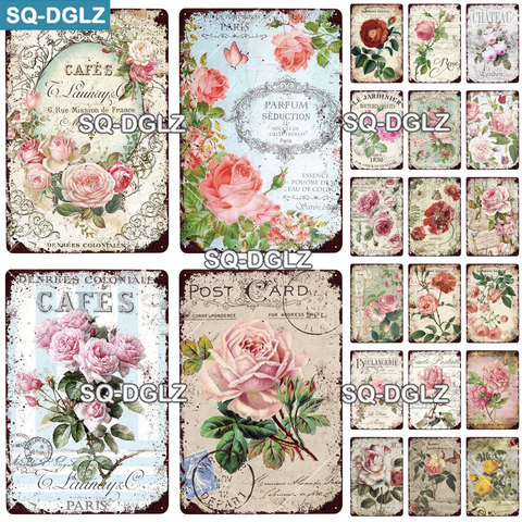 [SQ-DGLZ] café Rose cartel de Metal Vintage PLACA de Metal placas de decoración para Bar Pub casa decoración de la pared de la lata de La Flor cartel personalizado ► Foto 1/6