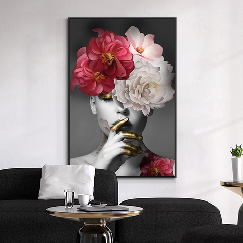 Pintura al óleo sobre lienzo para mujer, póster nórdico moderno de flor en la cabeza con oro, imagen artística de pared para decoración del hogar y la sala de estar ► Foto 1/6