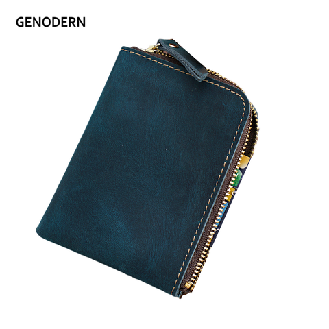 GENODERN-Mini cartera hecha a mano para hombre y mujer, billetera pequeña de cuero de Caballo loco con cremallera, tarjetero, monedero ► Foto 1/6