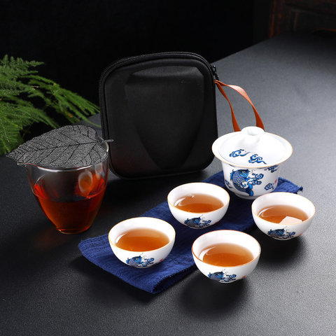 Kungfú chino juego de té y tetera de cerámica taza de té portátil de una maceta dos taza de viaje al aire libre de tazas de té Gaiwan de la ceremonia del té taza de té ► Foto 1/6