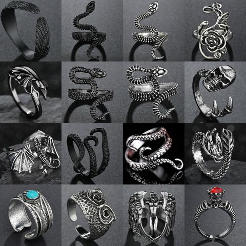 Anillo de plata de ley con diseño de dragón para hombre y Mujer, sortija ajustable, estilo Punk, gótico, serpiente, plateado ► Foto 1/6