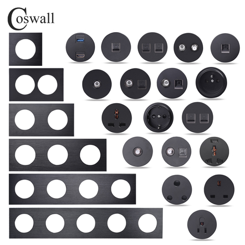 COSWALL-Interruptor de pared R12 con Panel de aluminio negro, enchufe europeo y francés, Cargador USB hembra para TV, módulos RJ45 CAT6, Combinación libre para manualidades ► Foto 1/3