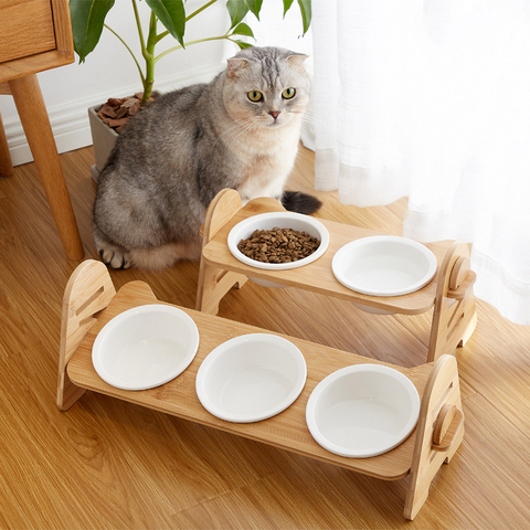 Cuenco de madera para mascotas, tazón para comida y agua para gatos y perros pequeños, plato de cerámica elevado, suministros para mascotas ► Foto 1/6