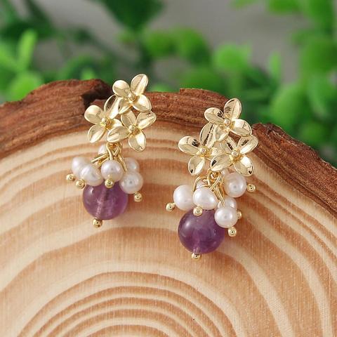 Pendientes de amatista Natural hechos a mano para mujer, diseño Original, pendientes de perlas de agua dulce, regalo para mujer, joyería fina de perla blanca ► Foto 1/6