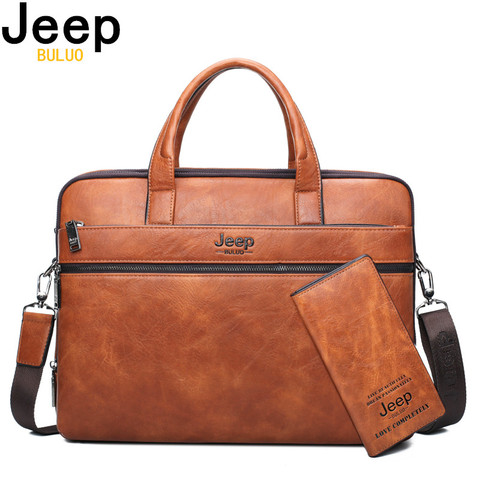 JEEP BULUO marca hombre maletín bolso de negocios cartera 2 unids/set dividir bandolera de cuero los hombres de la Oficina bolsas de ordenador portátil de 14 pulgadas A4 casual ► Foto 1/6