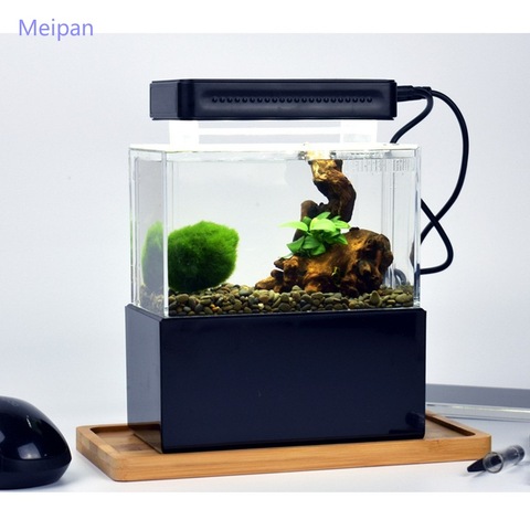 Mini pecera portátil Betta para acuario, decoraciones de escritorio, tazón de peces acuapónicos marinos con flitter de agua, bomba de aire USB, luz LED ► Foto 1/6