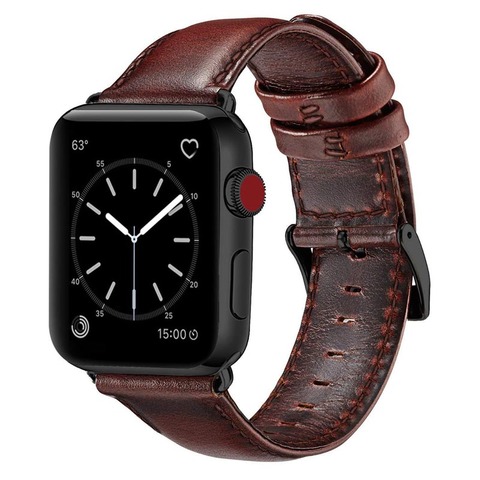 Correa de cuero genuino para Apple Watch, banda de 42 mm y 44 mm para hombre, correa de reloj para iWatch, color rojo y marrón ► Foto 1/6
