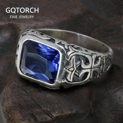 Anillos de plata de ley 925 auténtica para hombre, anillo de hombre con piedra de cristal Natural azul, joyería fina con flor grabada hueca Vintage ► Foto 1/6