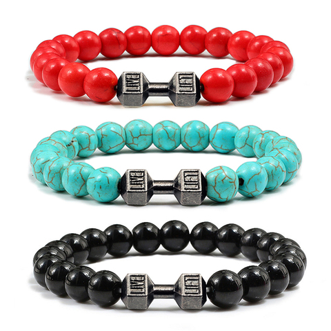 Pulsera con cuentas de piedra Natural clásica para hombre y mujer, brazalete de energía con mancuernas para gimnasio y Fitness, joyería ► Foto 1/6