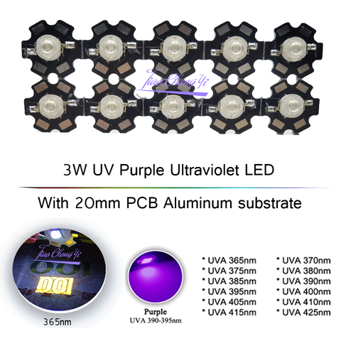 Chips de lámpara LED ultravioleta, 3W, 365nm, 375nm, 380nm, 385nm, 395nm, 405nm, 410nm, 420nm, con sustrato de aluminio PCB de 20mm ► Foto 1/6