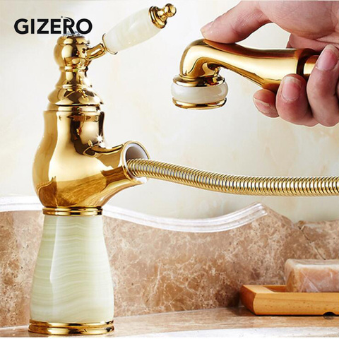 Grifo Flexible extraíble para lavabo, grifo mezclador de lujo para fregadero de cocina, con piedra de mármol y esmalte dorado para baño, ZR490 ► Foto 1/6