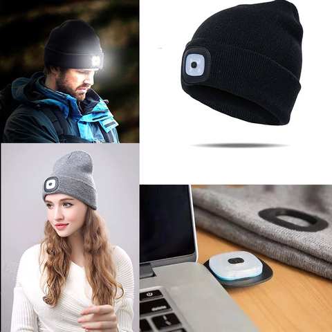 Gorro de punto con luz LED para hombre y mujer, gorro cálido con batería recargable por USB ► Foto 1/6