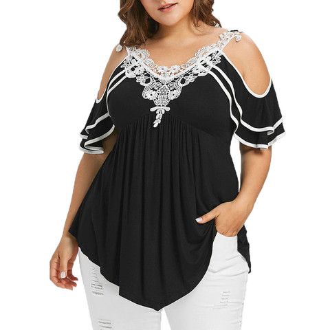 Blusa holgada de talla grande para mujer, ropa de calle con hombros descubiertos, camiseta de encaje, Túnica, Tops, ropa de mujer 3XL 4XL 5XL ► Foto 1/6