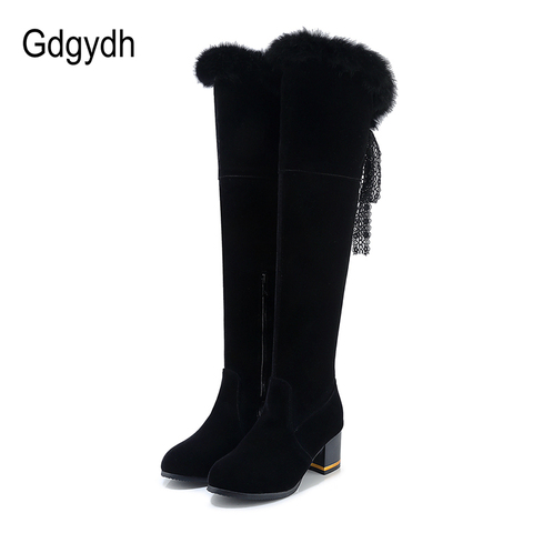 Gdgydh Real botas de nieve de piel las mujeres cremallera invierno de las señoras de moda de Metal decoración de interior de felpa caliente por encima de la rodilla botas mujer rebaño ► Foto 1/6