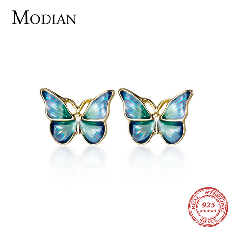 MODIAN-pendiente de tuerca de mariposa esmaltado azul para mujer, aretes de Plata de Ley 925 a la moda para insectos, joyería fina ► Foto 1/5