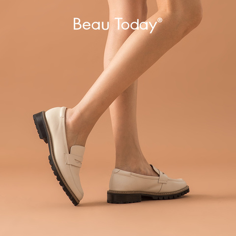 BeauToday-mocasines Penny de piel de ternero para mujer, mocasines de piel auténtica sin cordones con punta redonda, zapatos hechos a mano para primavera y otoño, 27168 ► Foto 1/6