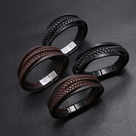 ZORCVENS-pulsera clásica de cuero genuino para hombre, brazalete de piel auténtica, varias capas, joyería hecha a mano ► Foto 1/6