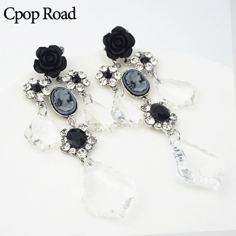 Cpop-pendientes góticos de circonita para mujer, aretes colgantes de flores de cristal negro, joyería Vintage, accesorios de aguja de acero inoxidable para mujer ► Foto 1/6