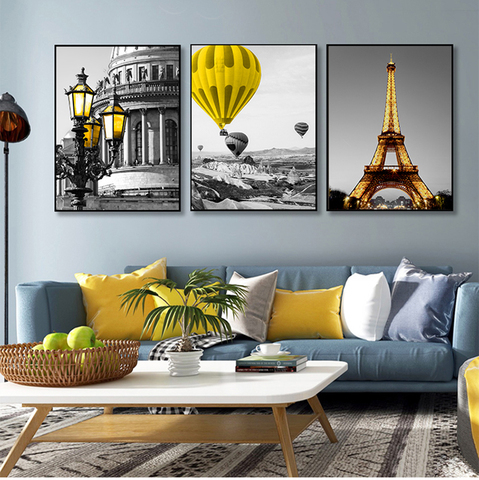 Pintura de lona nórdica de paisaje blanco y negro, conjunto de arte amarillo, imagen de pared de paisaje para sala de estar, póster para la decoración de la habitación y estampado ► Foto 1/6