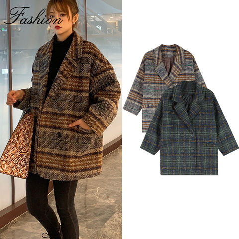 Abrigo de Tweed a cuadros para mujer, abrigos elegantes con y bolsillos para otoño e invierno, con cuello en V, abrigos cálidos para fiesta y oficina - Historial de precios