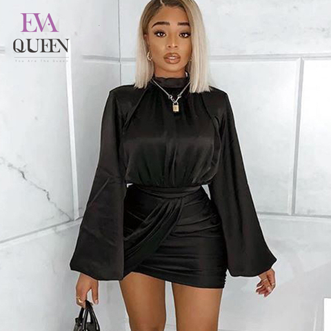 EvaQueen-vestido negro ajustado de fiesta para mujer, vestidos negros de manga larga con cuello redondo para discoteca, minivestido Sexy elegante a la moda para verano y otoño ► Foto 1/6