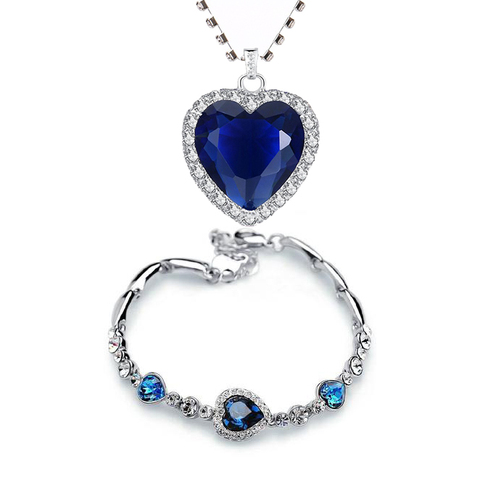 Corazón de Titanic de collares océano para mujer, corazón de melocotón circón de cristal azul, pulseras y collares, conjuntos de joyas con bolsas de terciopelo ► Foto 1/4