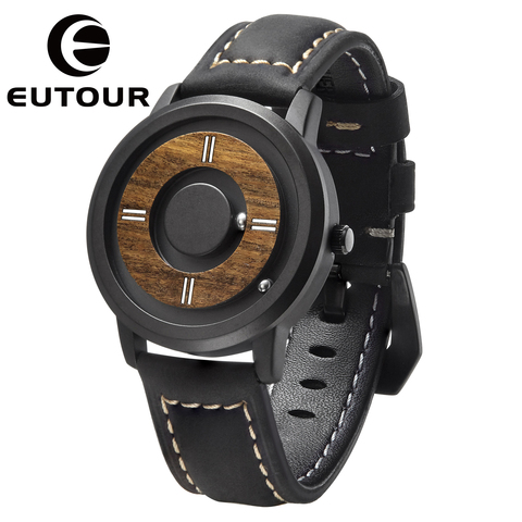 EUTOUR-relojes con esfera de madera para hombre, reloj de cuarzo de marca de lujo, informal, sencillo, con correa redonda de cuero ► Foto 1/6