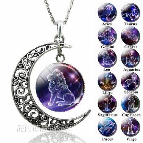 12 signos del zodiaco para mujer, cúpula de cristal, luna creciente, collar, joyería de moda para mujer, Aries, Gemini, cáncer, Leo, regalo de cumpleaños ► Foto 1/6