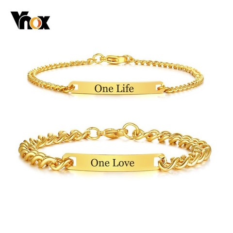 Vnox-pulsera de identificación de tono dorado para hombre y mujer, brazalete personalizado con grabado gratis, nombre, fecha de amor, acero inoxidable, promesa, regalos de pareja ► Foto 1/6